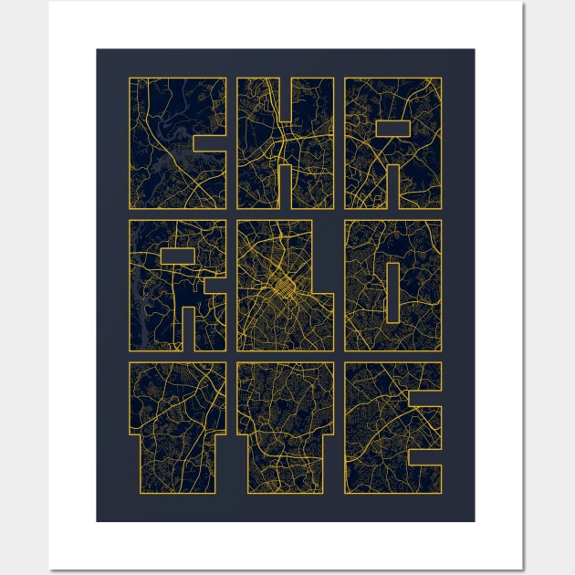 Charlotte, USA City Map Typography - Gold Art Deco Wall Art by deMAP Studio